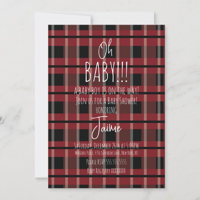 Invitación de baby shower de rayas de cuadros de N (Anverso)