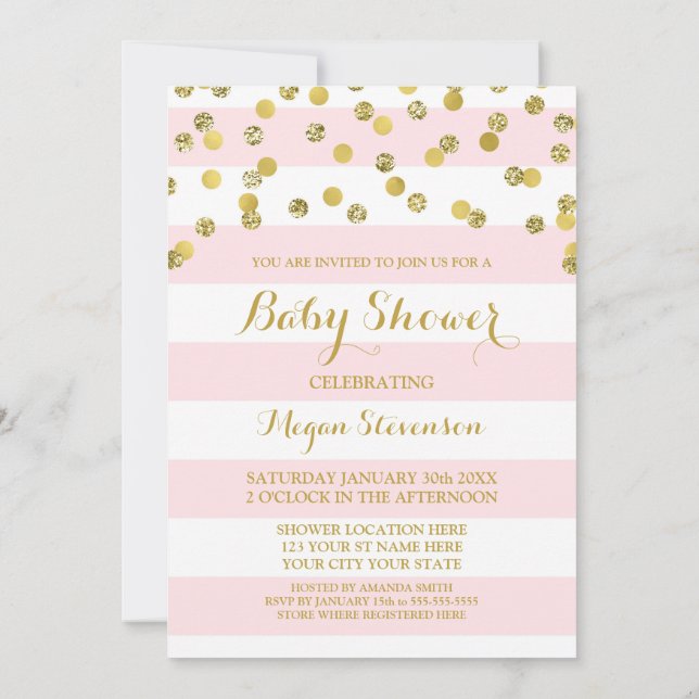 Invitación de Baby Shower de rayas rosadas Gold Co (Reverso)