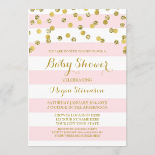 Invitación de Baby Shower de rayas rosadas Gold Co