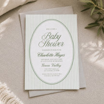 Invitación de baby shower de rayas verdes ovaladas