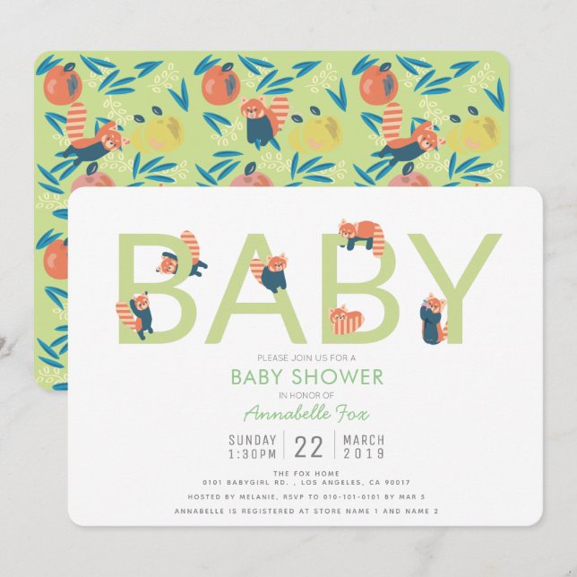 Invitación de Baby Shower de Red Panda Lime Green (Anverso / Reverso)