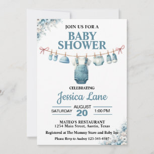 Invitación de baby shower de ropa de niño lindo