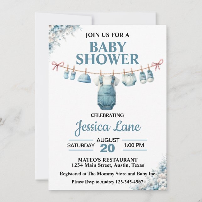 Invitación de baby shower de ropa de niño lindo (Anverso)