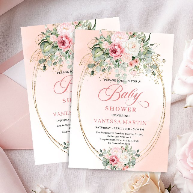 Invitación de Baby Shower de Rosa Boho de Moda con (Trendy Boho Blush Rose Greenery Baby Shower Invitation)