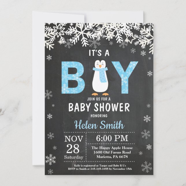 Invitación de Baby Shower de Rustic Penguin Winter (Anverso)