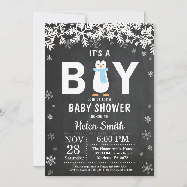 Invitación de Baby Shower de Rustic Penguin Winter (Anverso)