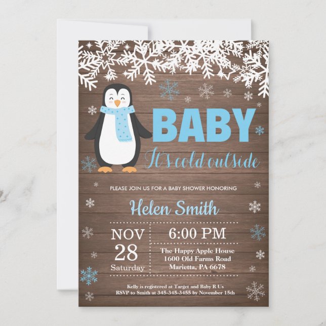 Invitación de Baby Shower de Rustic Penguin Winter (Anverso)