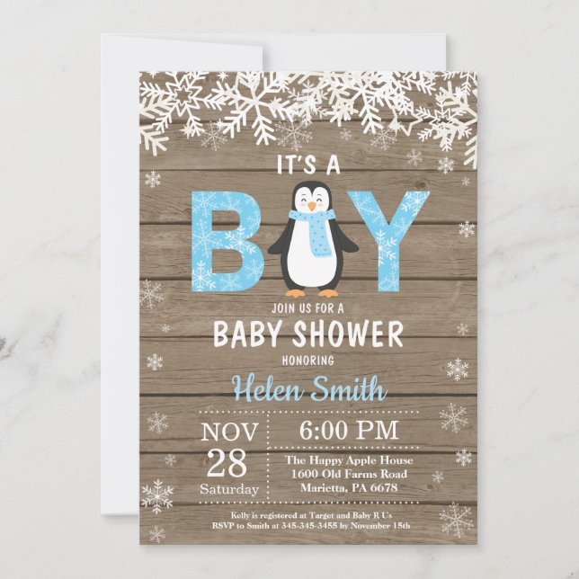Invitación de Baby Shower de Rustic Penguin Winter (Anverso)