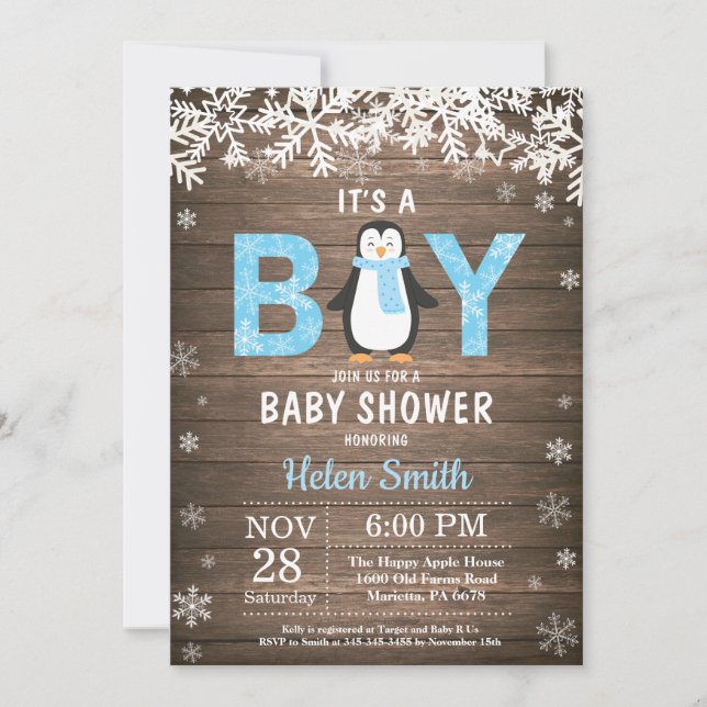 Invitación de Baby Shower de Rustic Penguin Winter (Anverso)