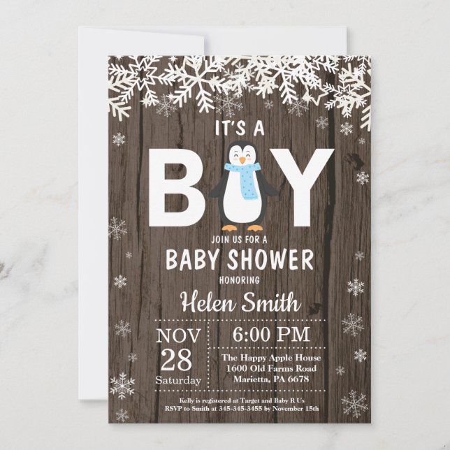 Invitación de Baby Shower de Rustic Penguin Winter (Anverso)
