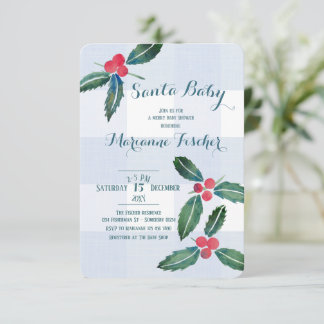 Invitación de baby shower de Santa con gingham azu