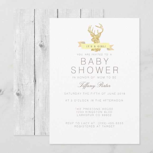 Invitación de Baby Shower de Shabby Chic Deer (Anverso / Reverso)