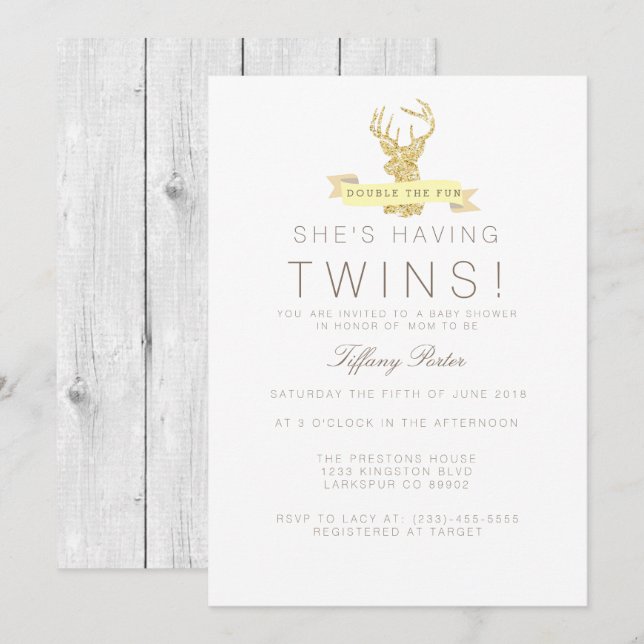 Invitación de Baby Shower de Shabby Chic Deer Twin (Anverso / Reverso)