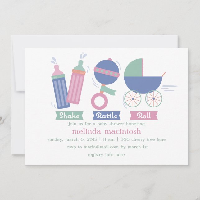 Invitación de Baby Shower de Shake Rattle & Roll (Anverso)
