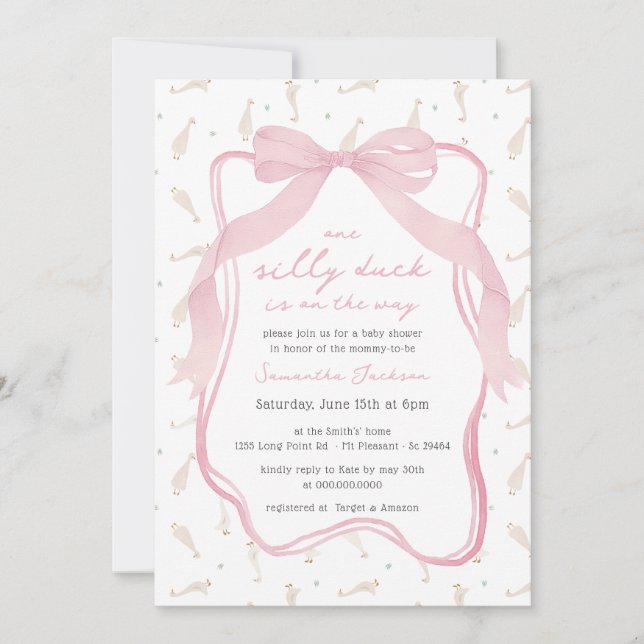 Invitación de Baby Shower de Silly Duck Blue Bow B (Anverso)