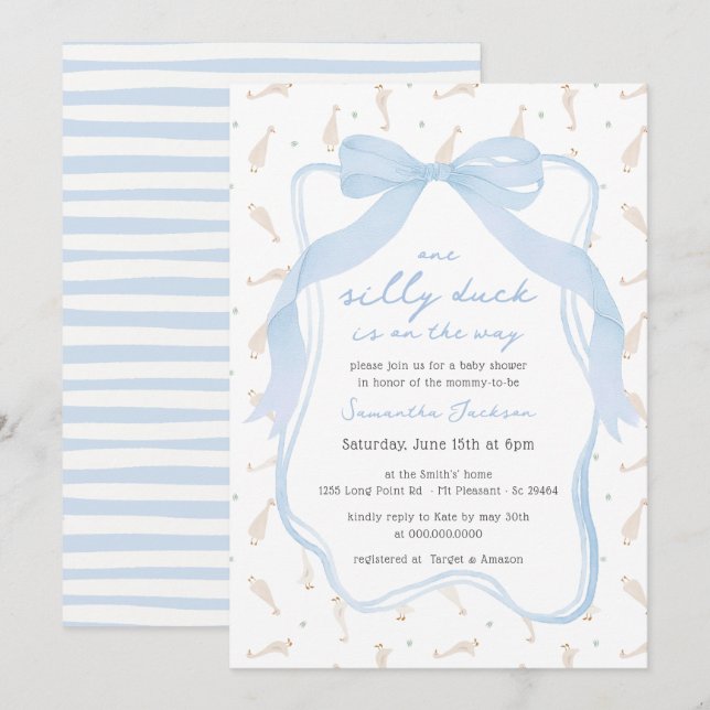 Invitación de Baby Shower de Silly Duck Blue Bow B (Anverso / Reverso)