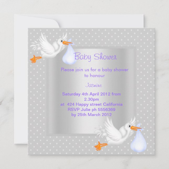 INVITACIÓN DE BABY SHOWER DE SILVER SPOT STORK (Anverso)
