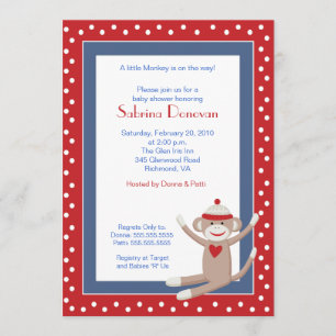 Invitación de Baby Shower de Sock Monkey 5x7 (rojo