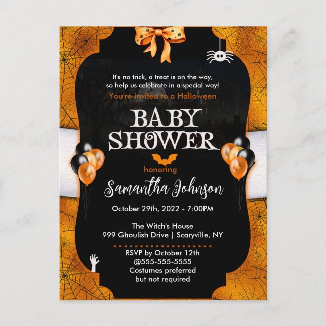 Invitación de Baby Shower de Spiderweb Halloween (Anverso)
