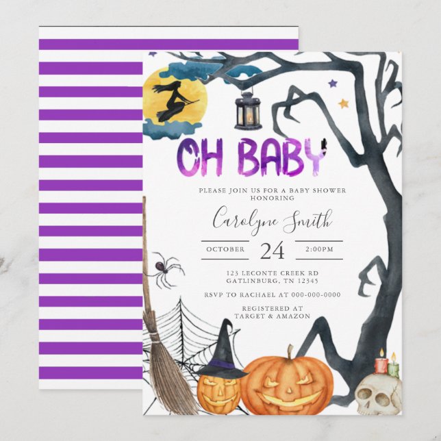 Invitación de Baby Shower de Spooky Pumpkin Hallow (Anverso / Reverso)