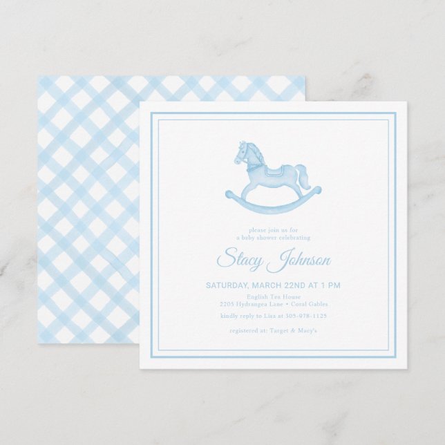 Invitación de Baby Shower de Square Blue Rocking H (Anverso / Reverso)