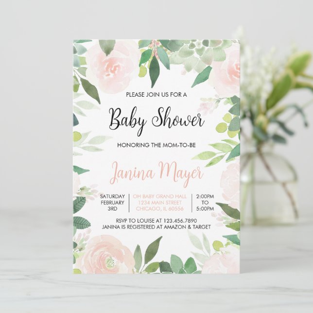 Invitación de Baby Shower de Suculenta Rosa (Anverso de pie)