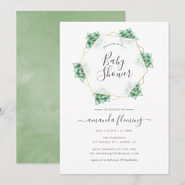 Invitación de Baby Shower de Suculentas Geométrica (Anverso / Reverso)
