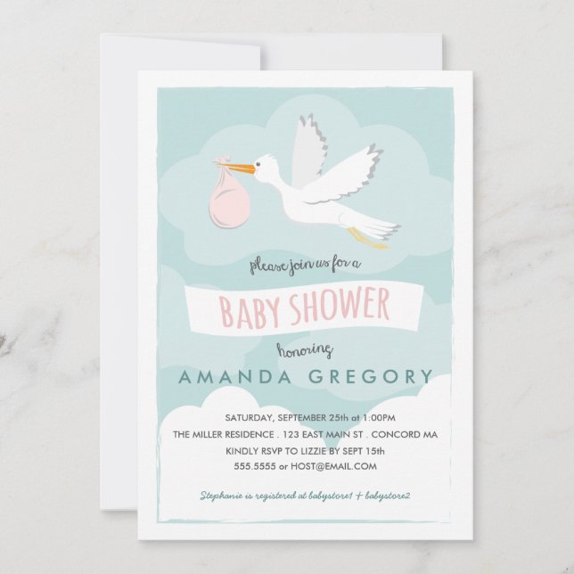 Invitación de Baby Shower de Sweet Delivery Stork (Anverso)