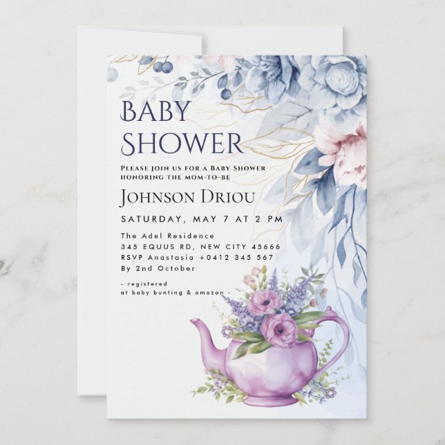 Invitación de Baby Shower de Té Floral (Anverso)