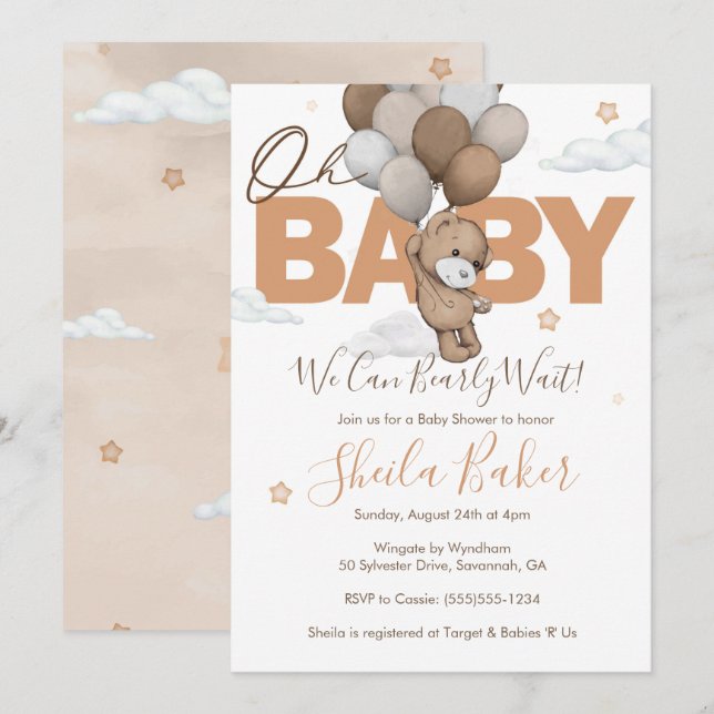 Invitación de Baby Shower de Teddy Bear, "Bearly W (Anverso / Reverso)