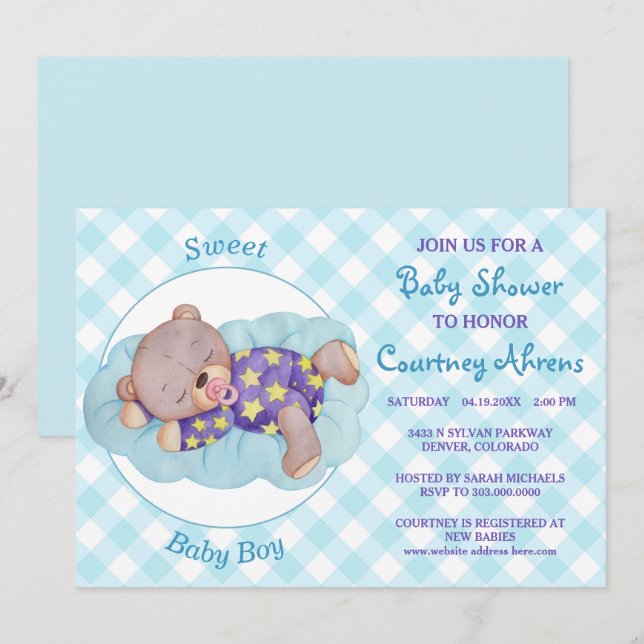 Invitación de Baby Shower de Teddy Bear Boy durmie (Anverso / Reverso)