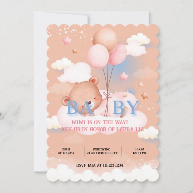 INVITACIÓN DE BABY SHOWER DE TEDDY BEAR PEACH COLO (Anverso)