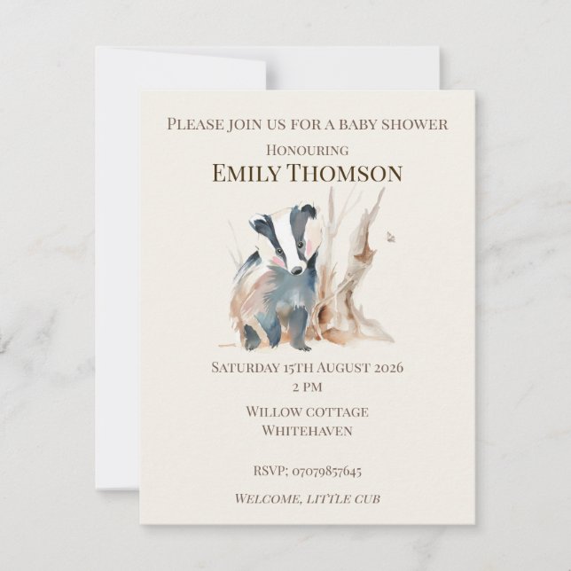 Invitación de Baby Shower de Tejón del Bosque (Anverso)