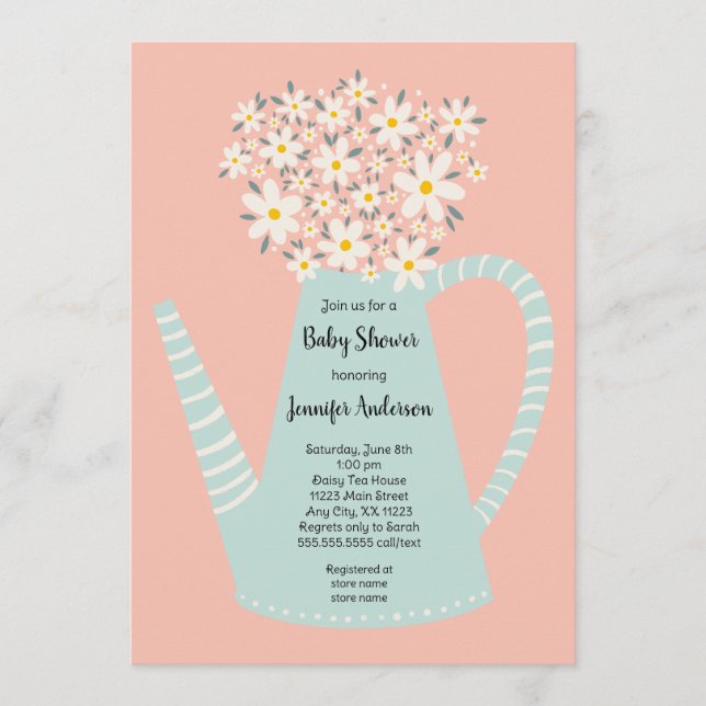 Invitación de baby shower de tetera de margaritas (Anverso)