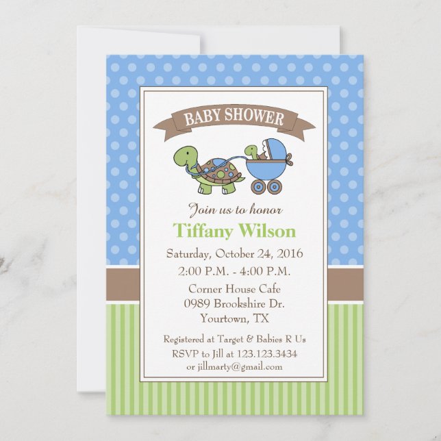 Invitación de baby shower de tortuga azul (Anverso)