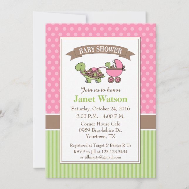 Invitación de Baby Shower de Tortuga bebé rosa (Anverso)