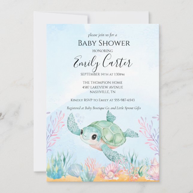 Invitación de Baby Shower de Tortuga Marina - Rosa (Anverso)