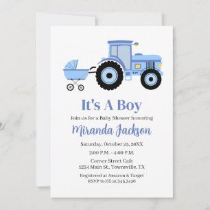 Invitación de Baby Shower de Tractor Azul