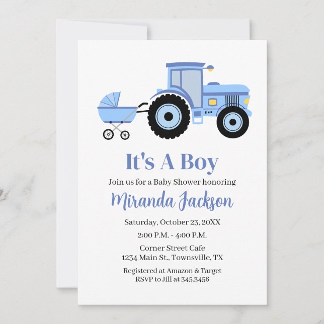 Invitación de Baby Shower de Tractor Azul (Anverso)