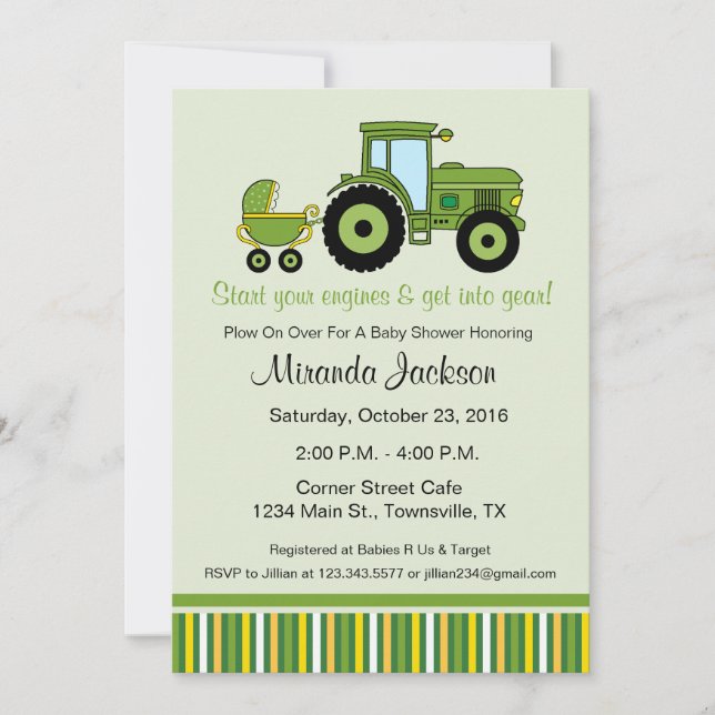 Invitación de baby shower de tractor verde (Anverso)