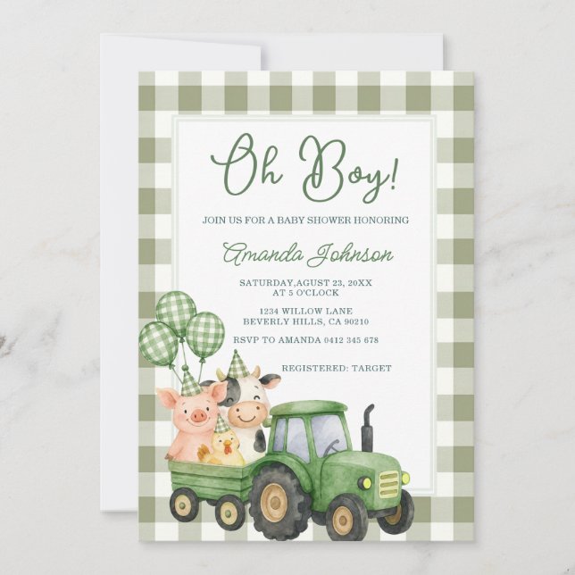 Invitación de Baby Shower de Tractor Verde Sage Gi (Anverso)