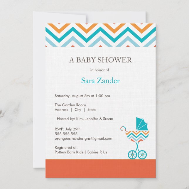 Invitación de Baby Shower de transporte de chevron (Anverso)