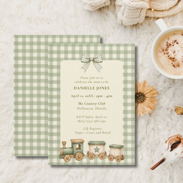 Invitación de baby shower de tren de gingham verde (Green Gingham Train Baby Shower Invitation)