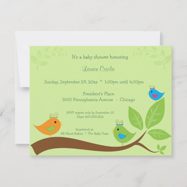 Invitación de Baby Shower de tres pequeña pájaros (Anverso)