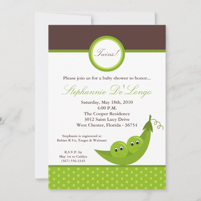 Invitación de Baby Shower de TWIN Boy Peas 5x7 (Anverso)