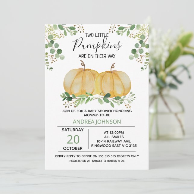Invitación de Baby Shower de Twins Pumpkin Green F (Anverso de pie)