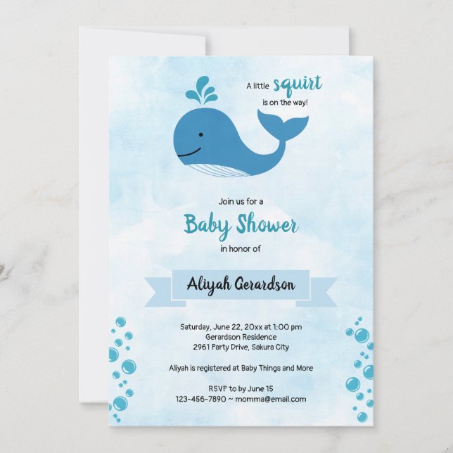 Invitación de Baby Shower de una pequeña ballena b (Anverso)