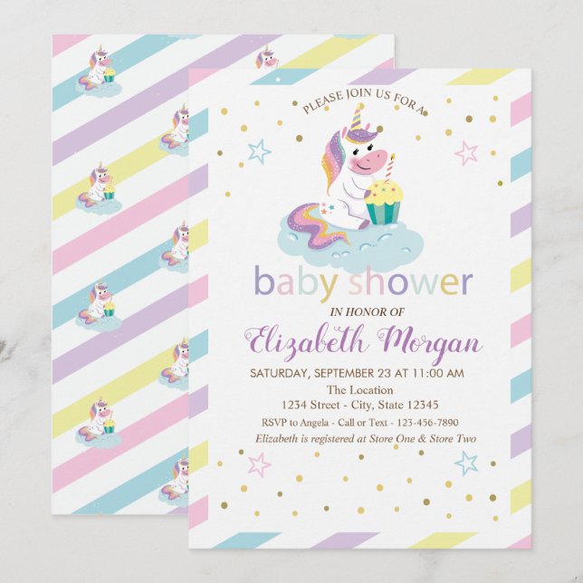 Invitación de Baby Shower de Unicornio con Rayas G (Anverso / Reverso)