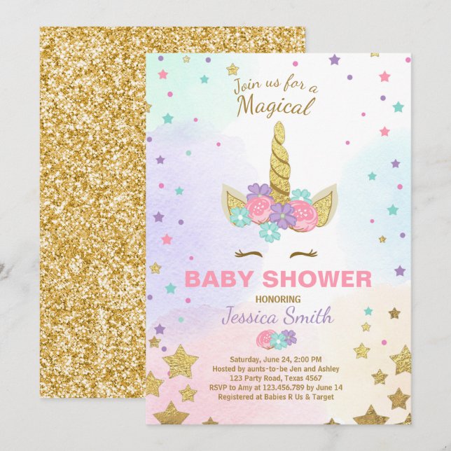Invitación de Baby Shower de unicornio de oro rosa (Anverso / Reverso)