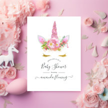 Invitación de baby shower de unicornio floral rosa